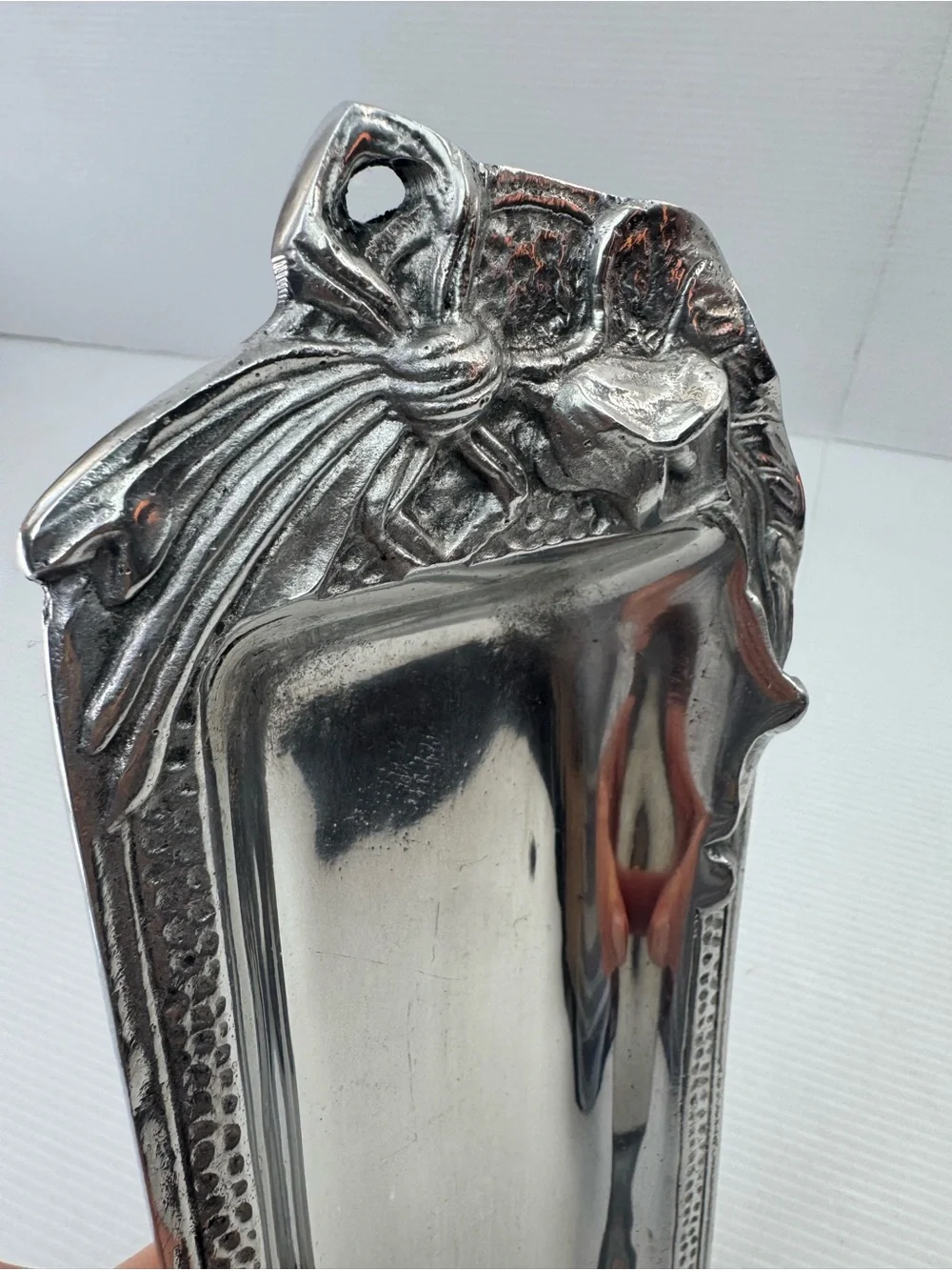 VTG Art Nouveau Cast Metal Hanging Wall Pocket Tray Ribbon Floral Catchall 12”